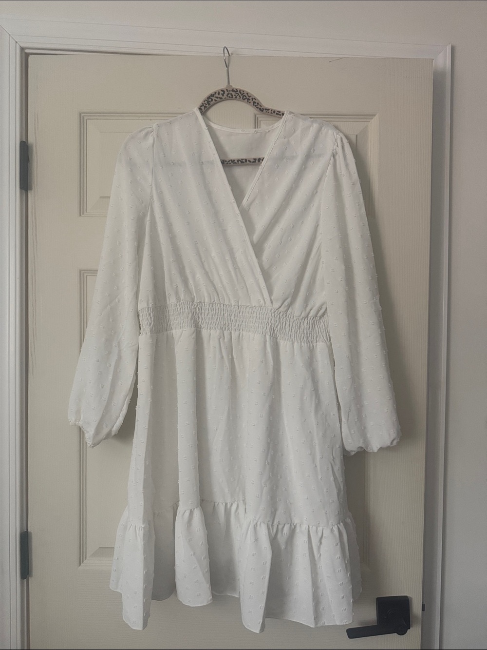 Amazon White Long Sleeve Smocked Waist V‑Neck Dress